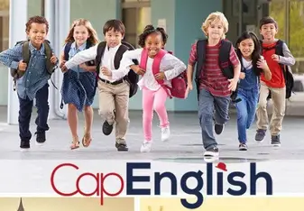 CAPENGLISH logo beneath kids running