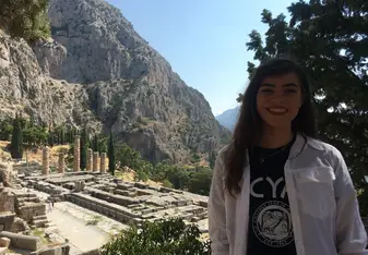 Student with ancient architecture. 
