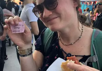 This is me eating a traditional food, an anticucho, to celebrate Chilean independence. During the week of the 18th of September, there is traditional food and drinks served at areas throughout Chile to celebrate their cultural heritage.