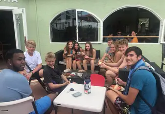This is a picture of my group at a shaved ice shop