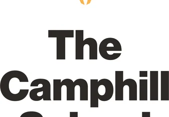 Yellow Camphill Logo: a roof or wing like image, with a white center in the middle. In black bold letters: "The Camphill School"