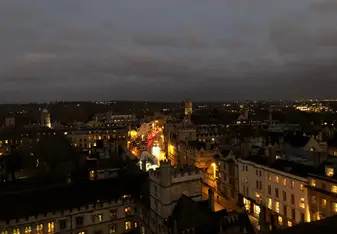 High Street at night, as viewed from the tower of the University Church of St. Mary the Virgin