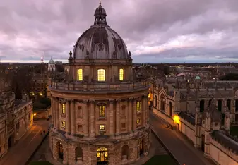 The Radcliffe Camera at dusk, as viewed from the tower of the University Church of St. Mary the Virgin