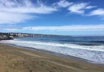 The beach at Vina del Mar, with a glimpse of the city skyline in the distance.