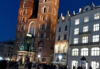 At one of the outdoor restaurants in Rynek with friends celebrating a birthday. The night was too beautiful to not take some shots of the basilica.