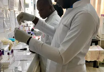 Working with colleagues at the lab