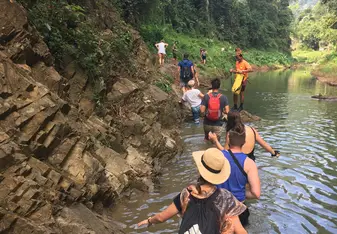 a group of hikers wade through a river in a jungle
