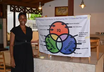 Chemida poses in front of a diagram