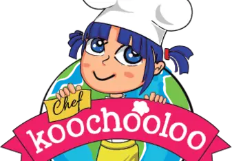 A blue-haired girl in a chef's hat standing in front of the planet Earth and holding a sign that says "Chef Koochooloo."