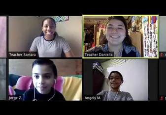 1 volunteer English teacher with 3 young Latin American students in Zoom