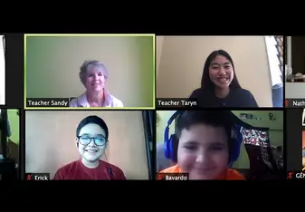 2 volunteer English teachers with 2 young Latin American students in Zoom