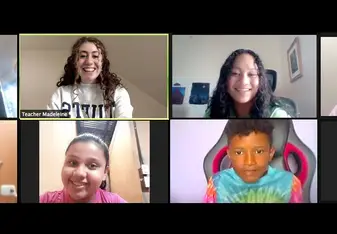 2 volunteer English teachers with 2 young Latin American students in Zoom