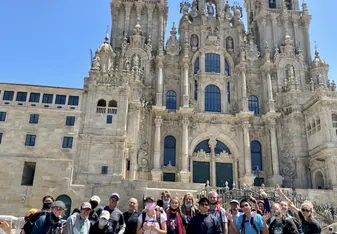 Students at the cathedral in Santiago de Compostela