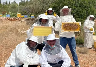students in protective clothing showing off beekeeping
