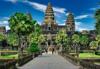 Visitors visiting a temple in Cambodia