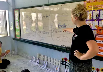 Teacher pointing to white board