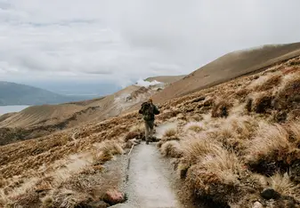 A person walks on a hiking trail in New Zealand.