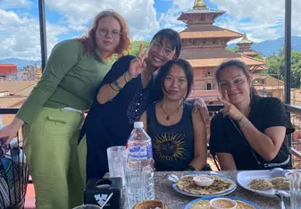 Group photo at restaurant