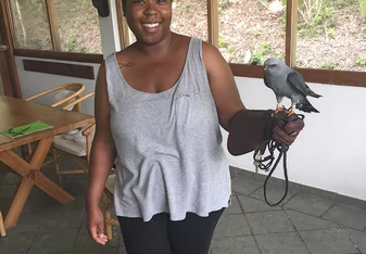 Student holding a raptor