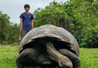 Experimenter poses with Giant Galapagos tortoise