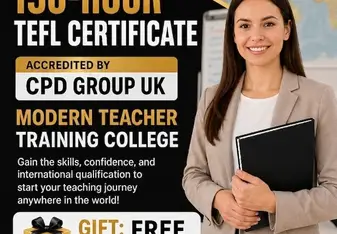 Promotional poster for a 150-Hour TEFL Certificate by Modern British Academy and Modern Teacher Training College, accredited by CPD Group UK. The image features a smiling female instructor in a blazer holding a black folder, alongside text advertising a "GIFT: FREE IELTS PREPARATION COURSE" with logos for Ofqual Regulated, The CPD Group, and Modern Teacher Training College London.
