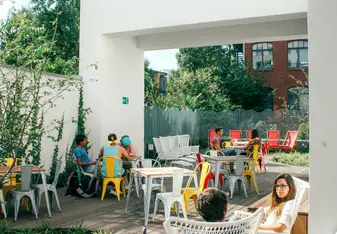 Students on a back patio in Berlin