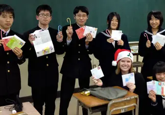 Amy with Japanese students. 