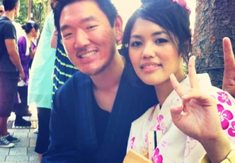 Christine wearing yukata at a summer festival in Japan