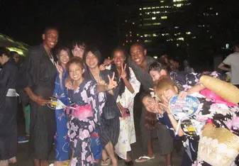 Kelly and friends wearing Yukatas after the Tokyo Bay Cruise