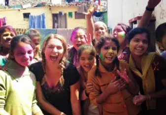 A group of young students gathered together.