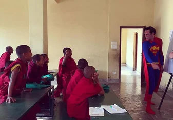 Our Super Volunteer teaching English to young monks in a Buddhist Monastery