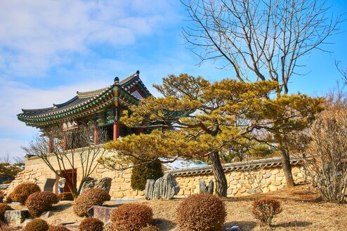 A traditional South Korean temple sits on a hill.