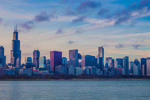 The skyline of a city next to a body of water