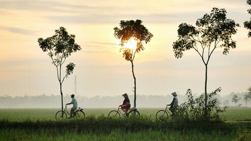 People riding through the countryside on bicycles