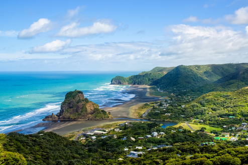 Black sand beach and coastal cliffs near Auckland, New Zealand
