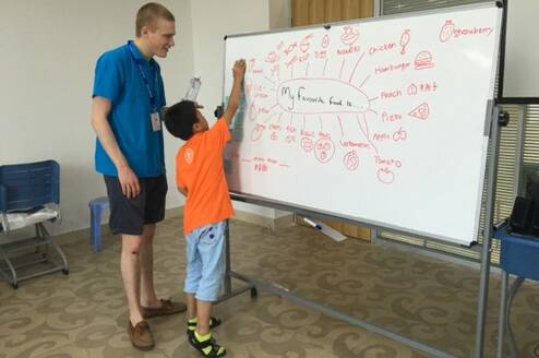 Photo of Volunteer and Child in a Classroom