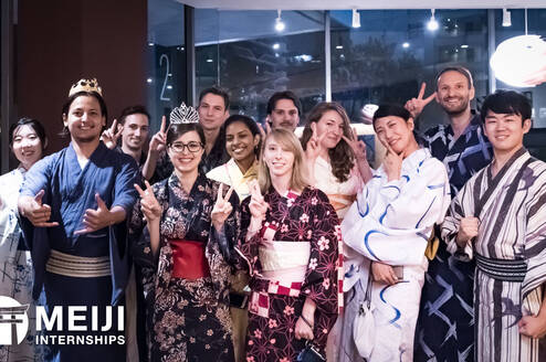 Trying on traditional Japanese Yukata with our Meiji Interns