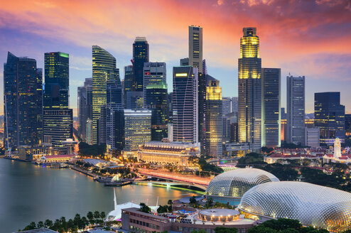 City of Singapore buildings at sunset.