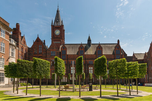 University of Liverpool campus surrounded by green trees and our historic red brick buildings