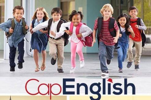 CAPENGLISH logo beneath kids running