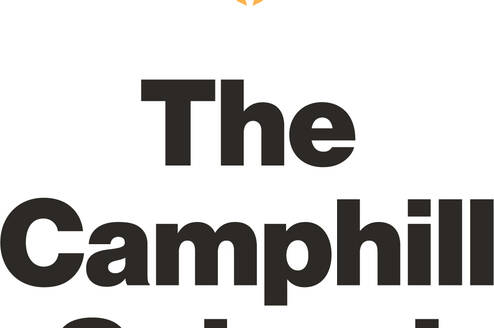 Yellow Camphill Logo: a roof or wing like image, with a white center in the middle. In black bold letters: "The Camphill School"