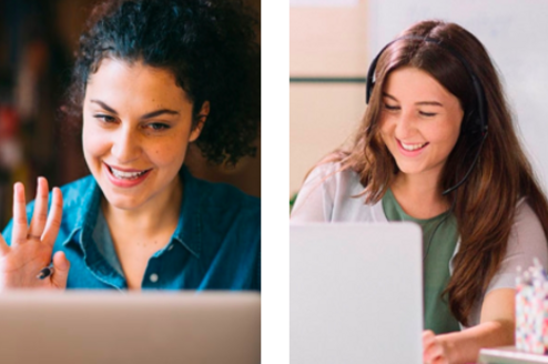 two images of women waving and speaking to a laptop