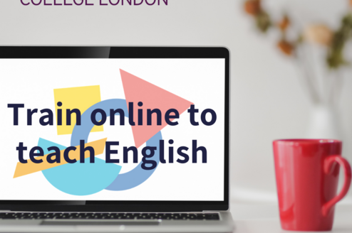 Laptop with the phrase 'Train online to teach English'