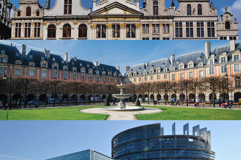 Horizontal images of ornate rooftops, a square with fountain, and a modern building