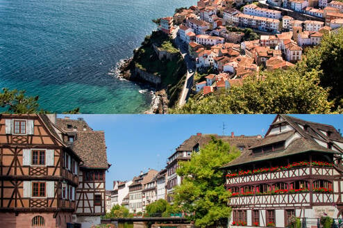 Top image: green coastline with red rooftops of a town Bottom image: Two timber-framed houses reflected in a canal 