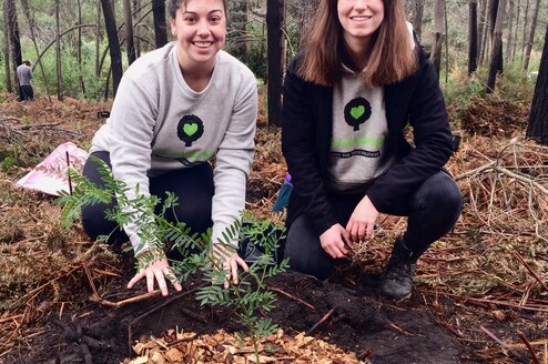Two women planting a tree.