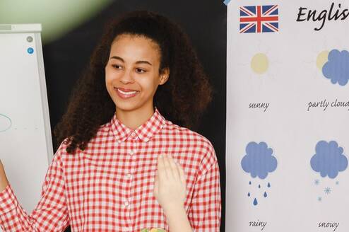 Female teaching English language to students