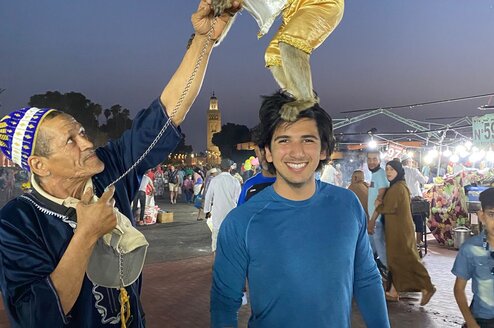 Lankey student enjoying a night out in Jamaa El Fena at Marrakech 