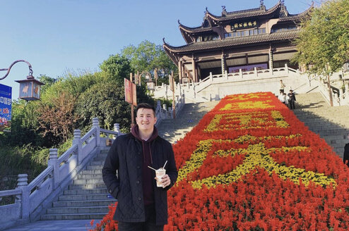 Teacher in Chinese garden. 