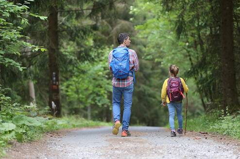 A man and little girl hike in the woods.